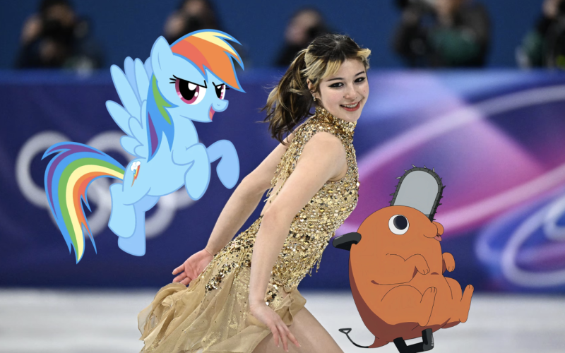 Alysa Liu accompanied by Pochita and Rainbow Dash.